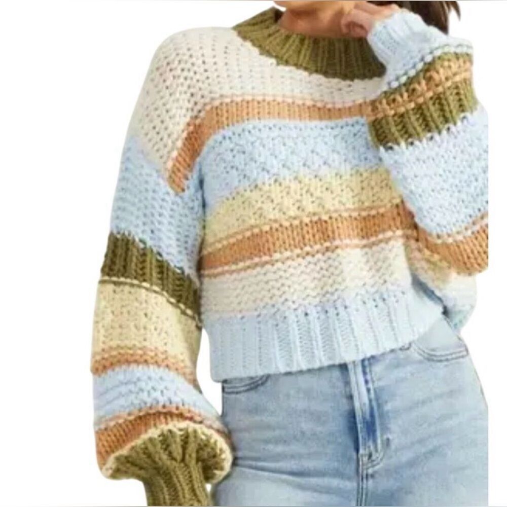 Altar'd State Hollis Chunky Knit Balloon Sleeve Cropped Color Block Sweater XS